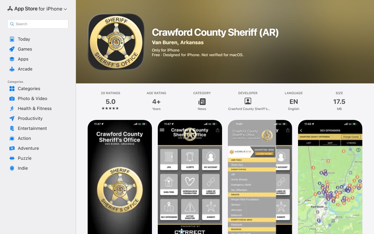 Crawford County Sheriff app listing with inmate roster and recent arrests features