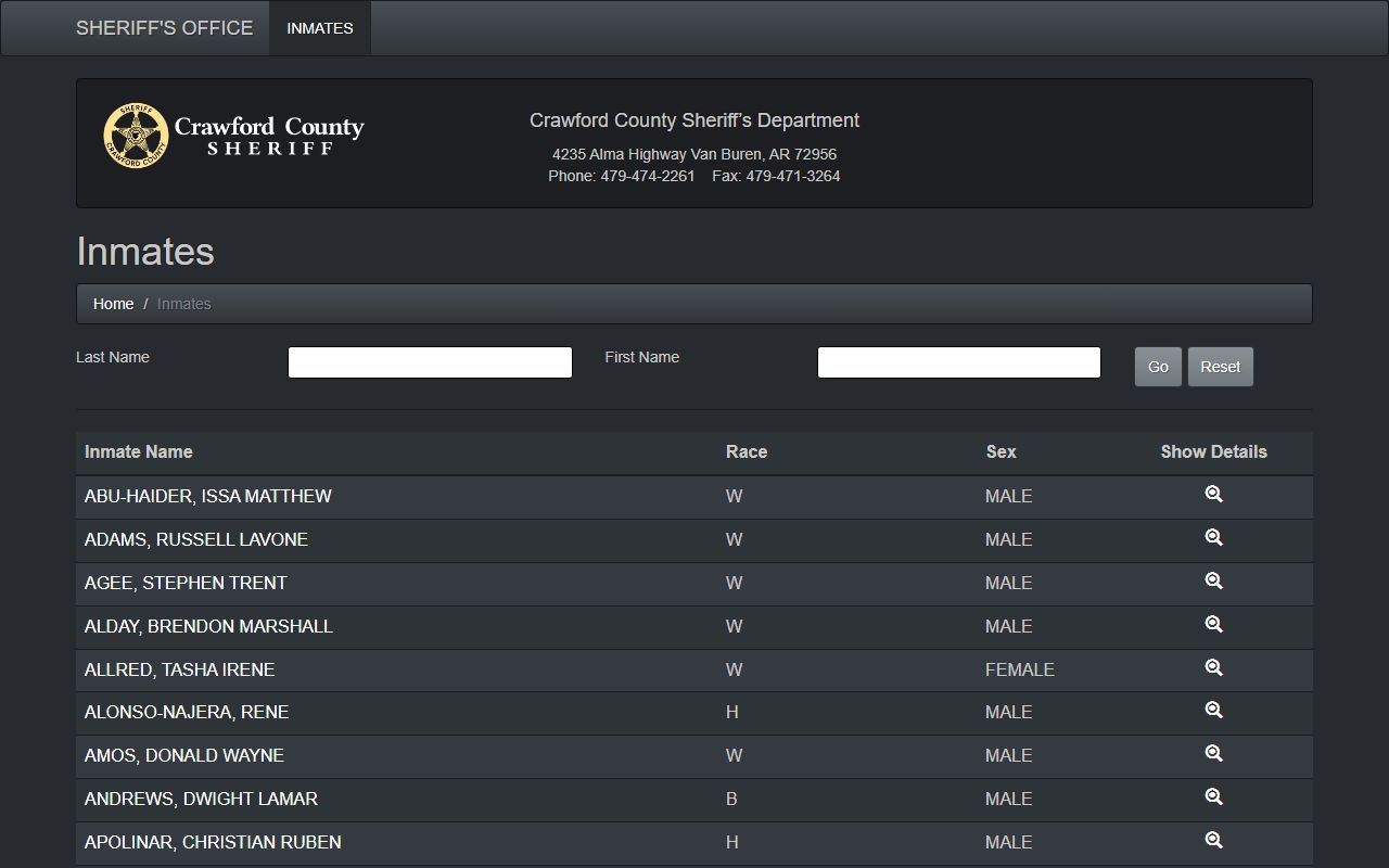 Crawford County inmate population roster search fields and current jail table