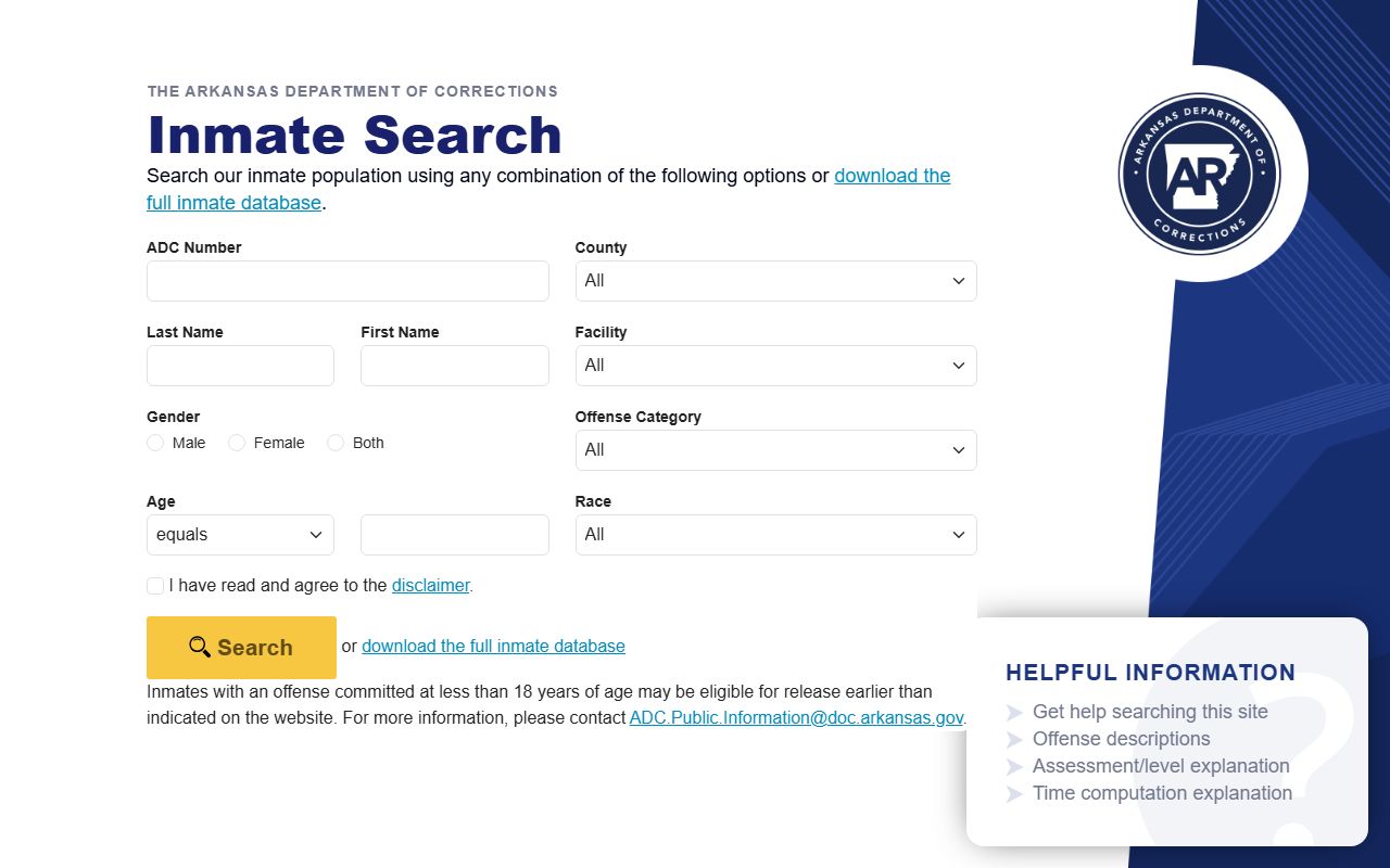 Arkansas DOC inmate search form for state inmate records and photos
